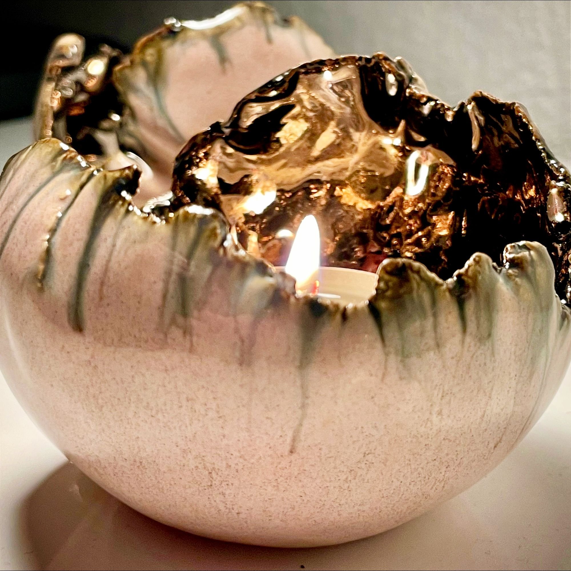 Keramik fyrfadsstage - Rosenquartz/Guld