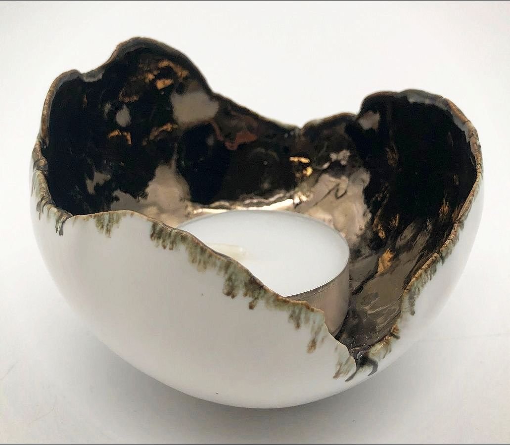 Keramik fyrfadsstage - Hvid/Guld