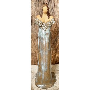 Dame i keramik - Lys hud - Kjole i lysebl� og brun